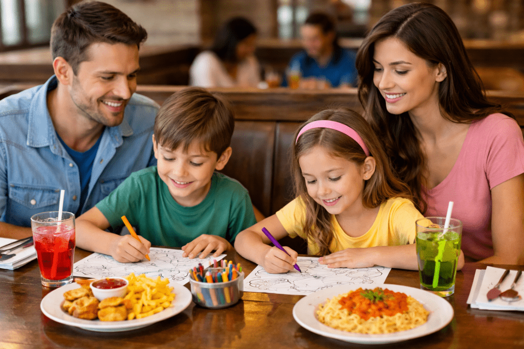 Sortie au restaurant réussie en famille avec coloriages, menus enfants adaptés et sirops inclus