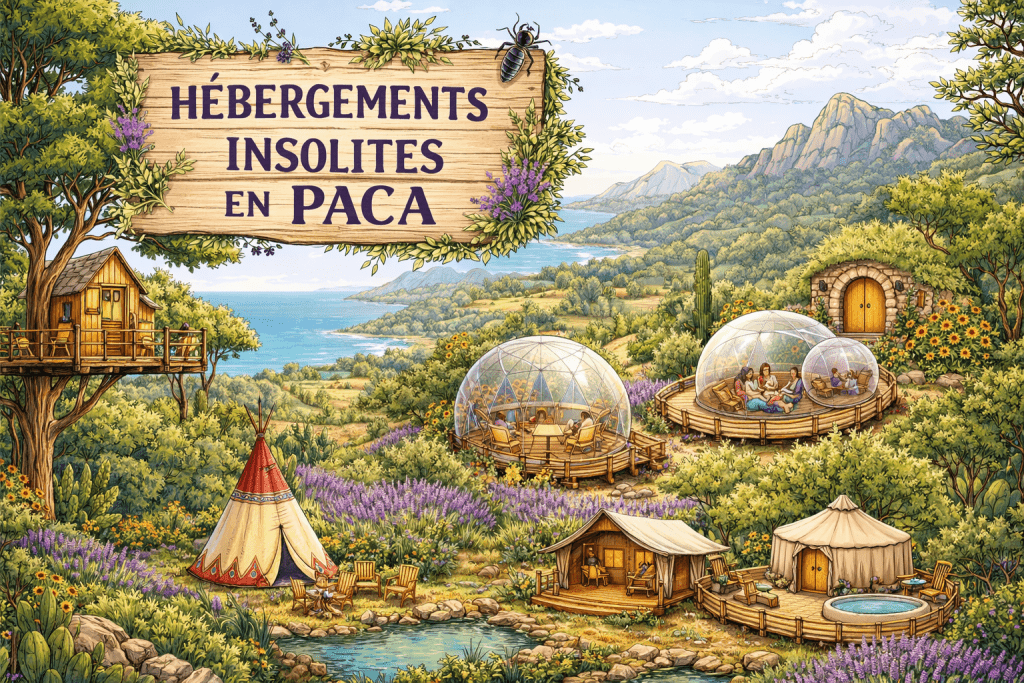 Représentation dessin des types d hébergements insolites en PACA entre mer, montagnes et champs de lavandes